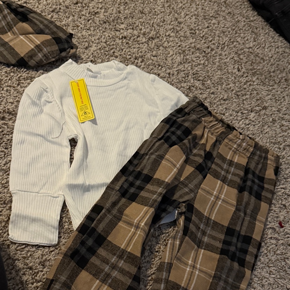 White Ribbed Top and Plaid Pants Set